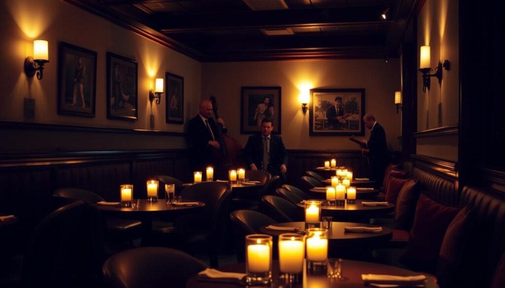 A cozy and intimate restaurant interior, dimly lit with warm, ambient lighting. Soft, muted tones create a relaxing atmosphere, complemented by rich, wooden accents and plush, comfortable seating. Candles flicker on each table, casting a gentle glow and casting shadows that dance across the walls. In the background, a live jazz trio plays soothing melodies, their music adding to the serene ambiance. The scene evokes a sense of tranquility and escape, perfect for an enjoyable dining experience.
