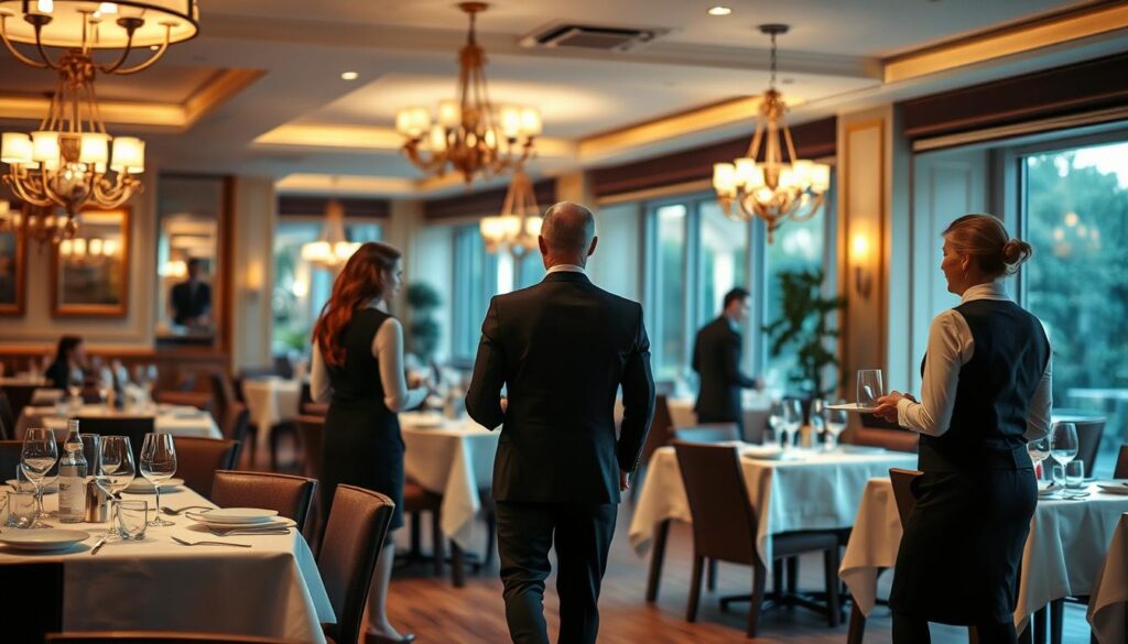 A serene and welcoming restaurant interior with a focus on attentive service. A well-lit dining area with warm, soft lighting from overhead chandeliers, casting a cozy glow across crisp white tablecloths and elegant place settings. Smartly dressed servers move gracefully through the space, attending to the needs of diners with a genuine, personalized approach. The atmosphere exudes a sense of refined hospitality, creating an immersive and memorable dining experience.